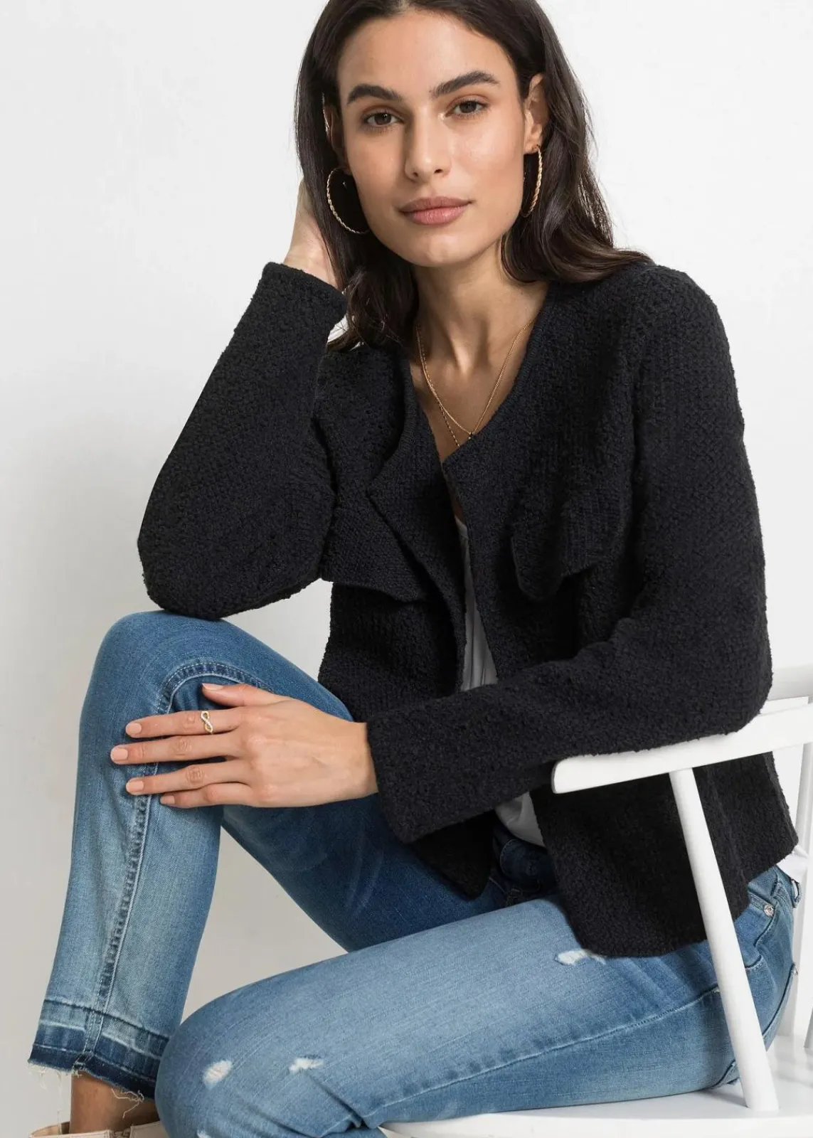 bonprix Pullover & Strickjacken|Strickmode^Bouclé Strickjacke schwarz
