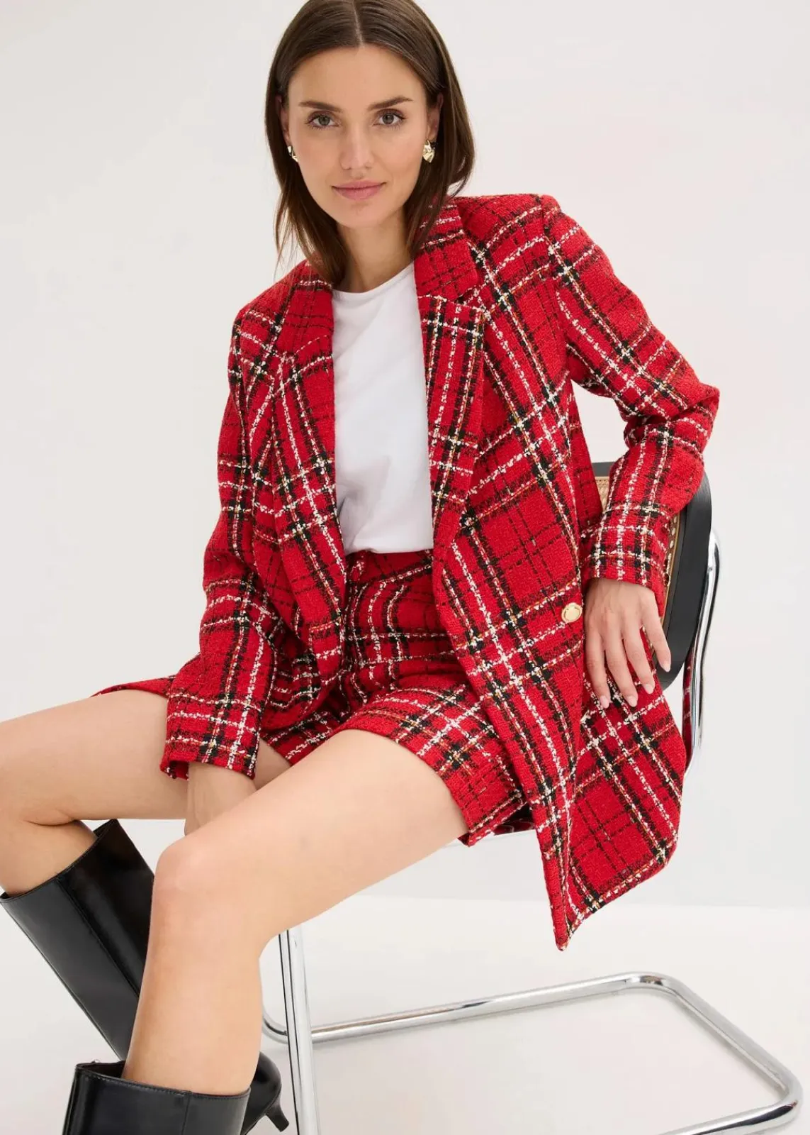 bonprix Bekleidung·Basics|Zweiteiler & Sets^Bouclé-Blazer rot/schwarz kariert