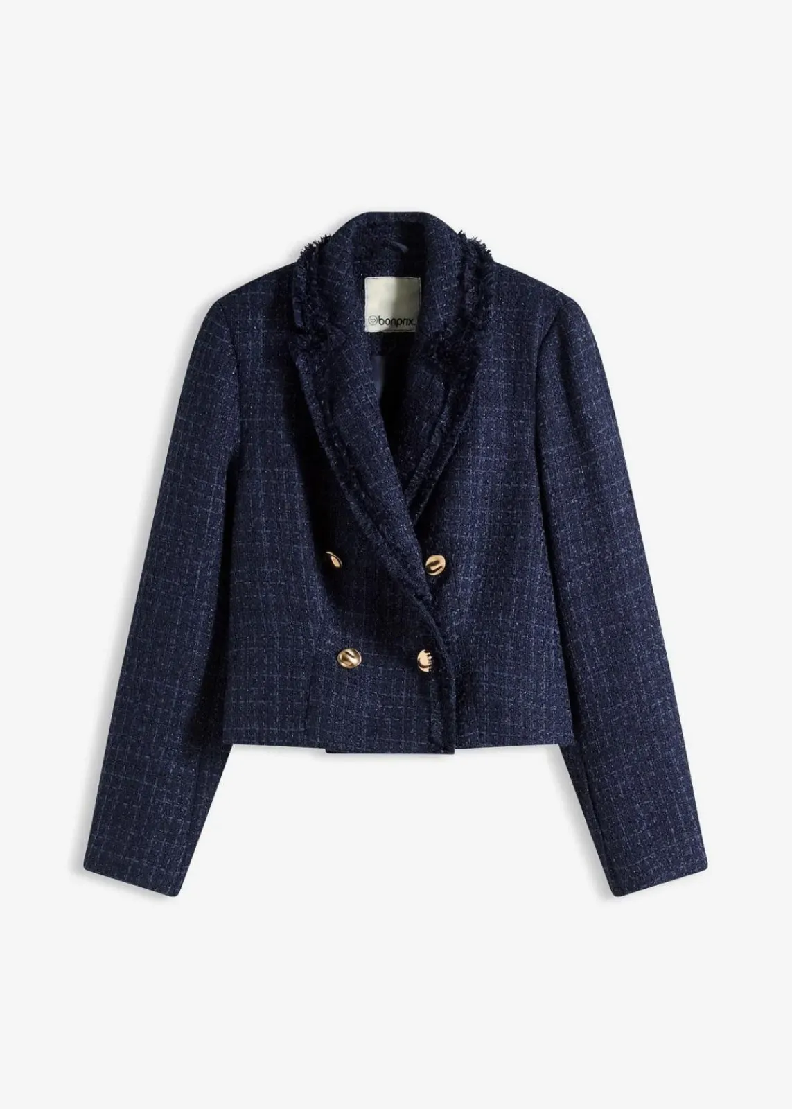 bonprix Bekleidung·Basics|Nachhaltigere Materialien^Bouclé-Blazer mit dekorativen Knöpfen dunkelblau