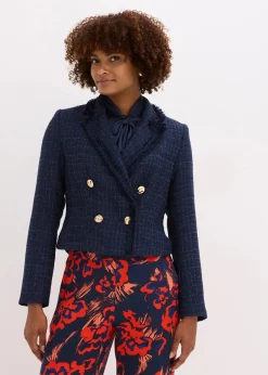 bonprix Bekleidung·Basics|Nachhaltigere Materialien^Bouclé-Blazer mit dekorativen Knöpfen dunkelblau