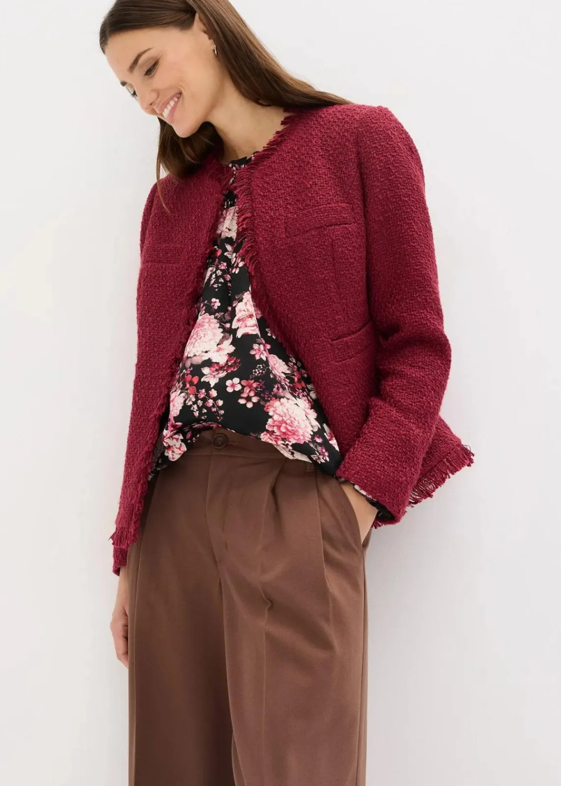 bonprix Jacken & Mäntel|Bekleidung·Hosen^Bouclé-Jacke rhododendronrot