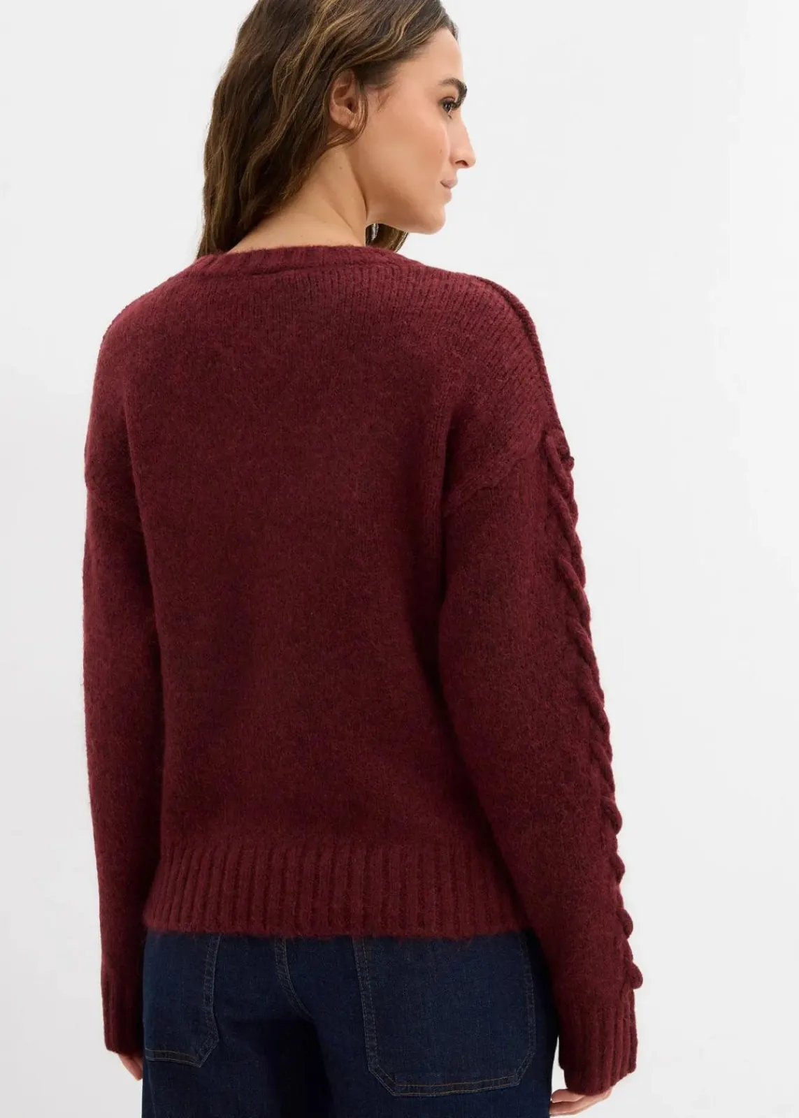 bonprix Strickmode|Pullover & Strickjacken^Boxy-Pullover mit geflochtenen Ärmeln dunkelbeere