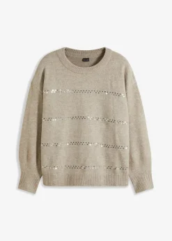 bonprix Pullover & Strickjacken|Bekleidung·Jeans^Boxy-Pullover mit Pailletten naturstein meliert