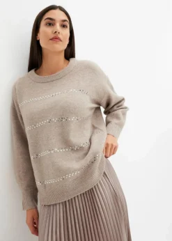 bonprix Pullover & Strickjacken|Bekleidung·Jeans^Boxy-Pullover mit Pailletten naturstein meliert