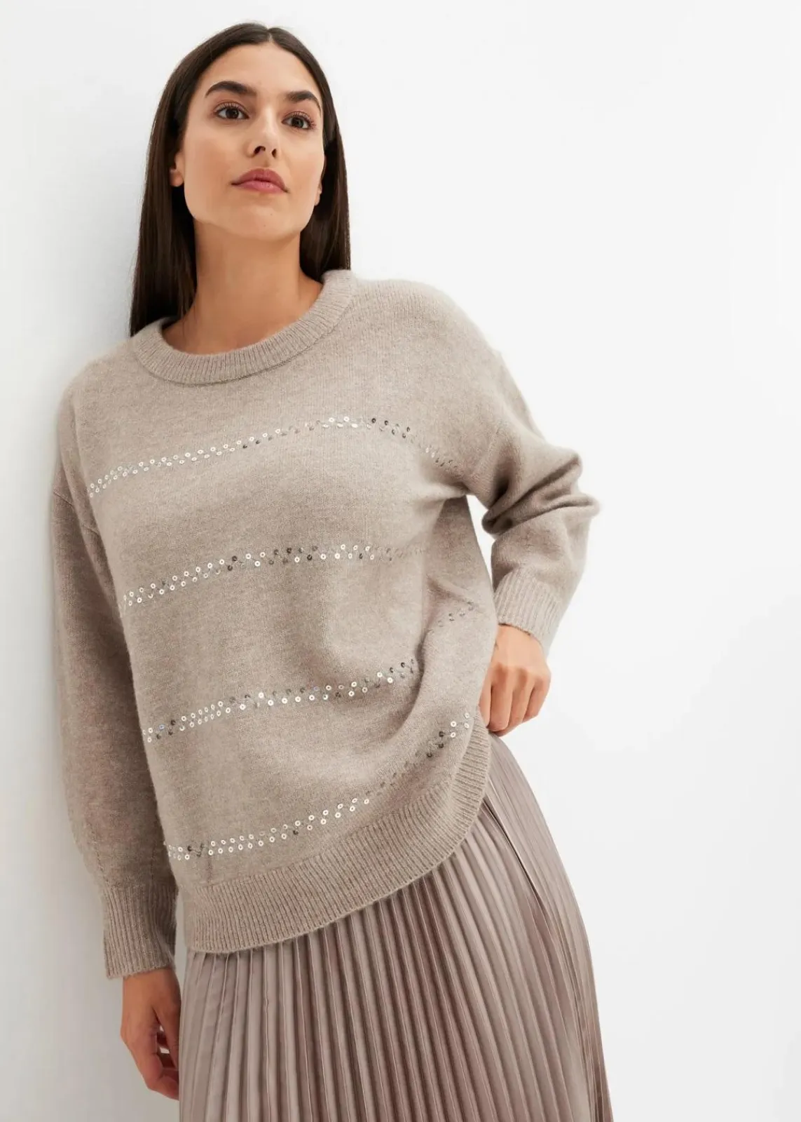 bonprix Pullover & Strickjacken|Bekleidung·Jeans^Boxy-Pullover mit Pailletten naturstein meliert