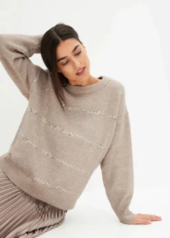 bonprix Pullover & Strickjacken|Bekleidung·Jeans^Boxy-Pullover mit Pailletten naturstein meliert