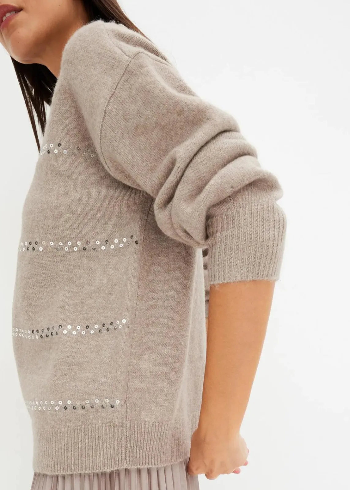bonprix Pullover & Strickjacken|Bekleidung·Jeans^Boxy-Pullover mit Pailletten naturstein meliert