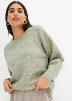 bonprix Bekleidung·Umstandsmode|Strickmode^Boxy-Pullover mit Pailletten seegras meliert