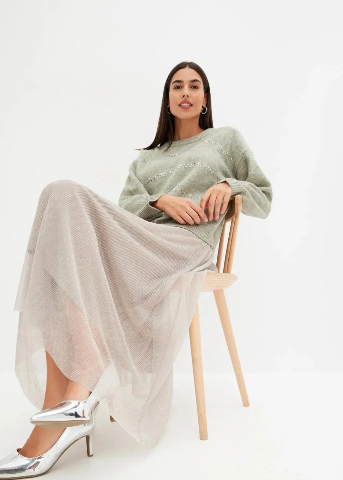 bonprix Bekleidung·Umstandsmode|Strickmode^Boxy-Pullover mit Pailletten seegras meliert