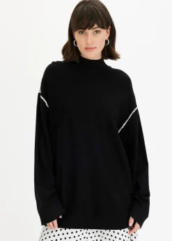 bonprix Strickmode|Pullover & Strickjacken^Boxy-Pullover mit Zierstich aus Viskose-Mix schwarz/wollweiß