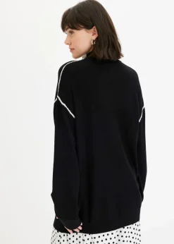 bonprix Strickmode|Pullover & Strickjacken^Boxy-Pullover mit Zierstich aus Viskose-Mix schwarz/wollweiß