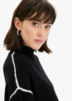 bonprix Strickmode|Pullover & Strickjacken^Boxy-Pullover mit Zierstich aus Viskose-Mix schwarz/wollweiß