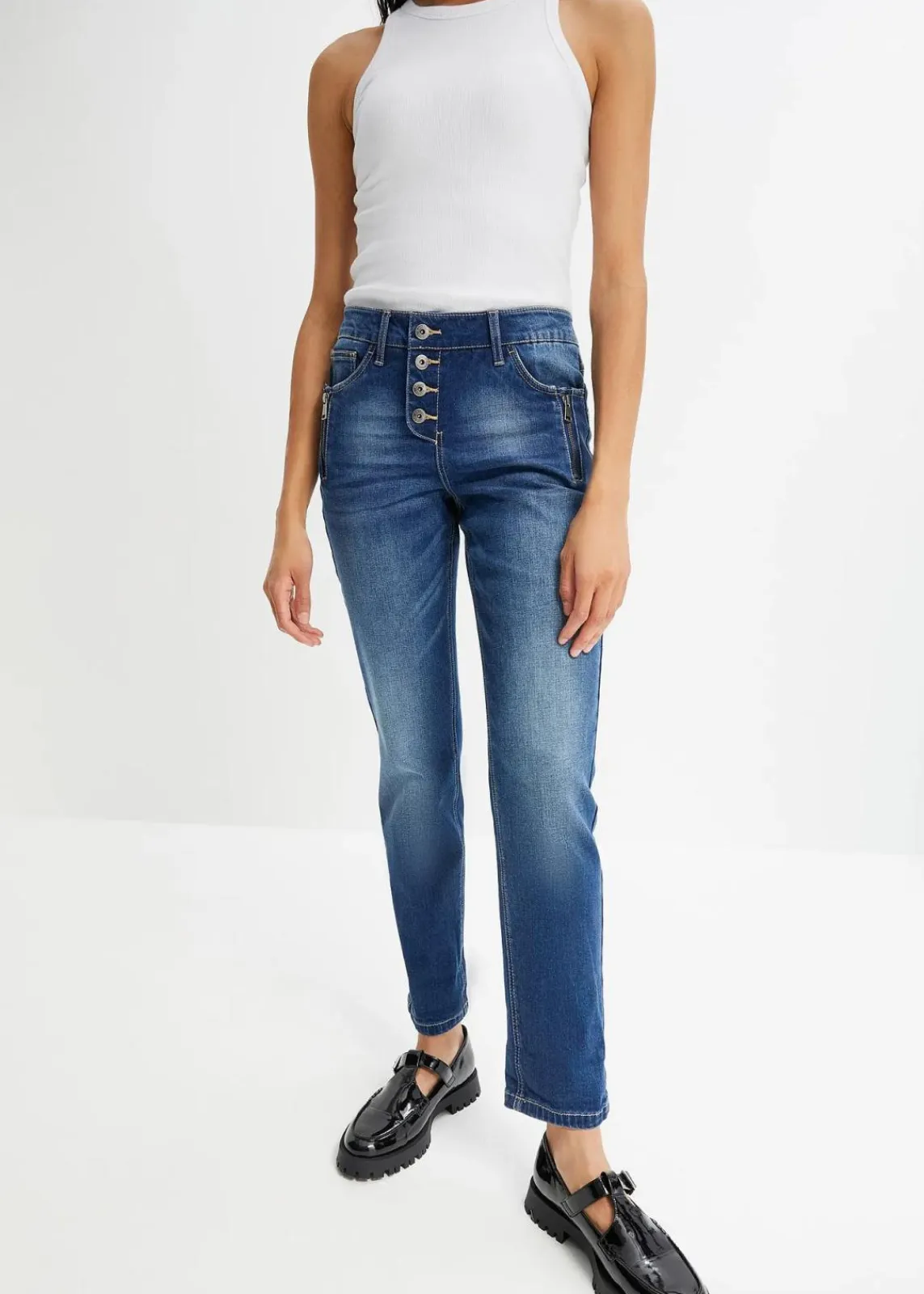 bonprix Bekleidung·Shirts & Tops|Jeans^Boyfriend Jeans Mid Waist blau denim washed