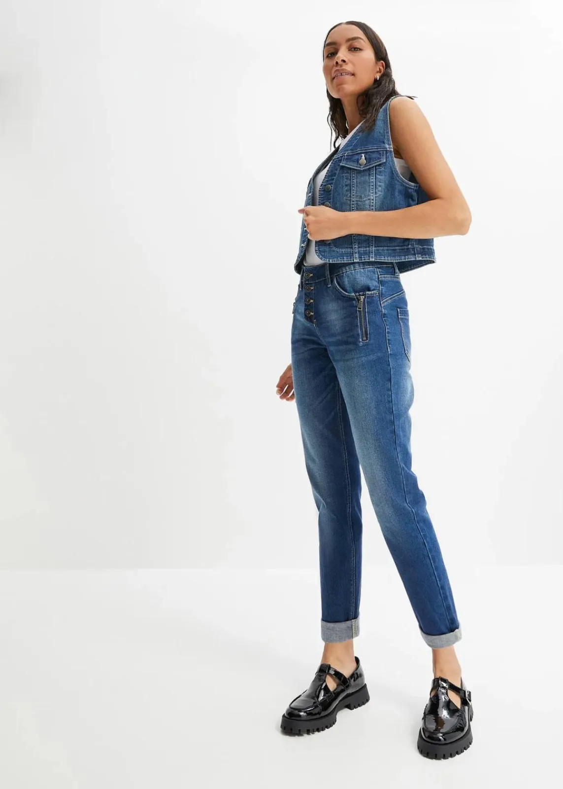 bonprix Bekleidung·Shirts & Tops|Jeans^Boyfriend Jeans Mid Waist blau denim washed