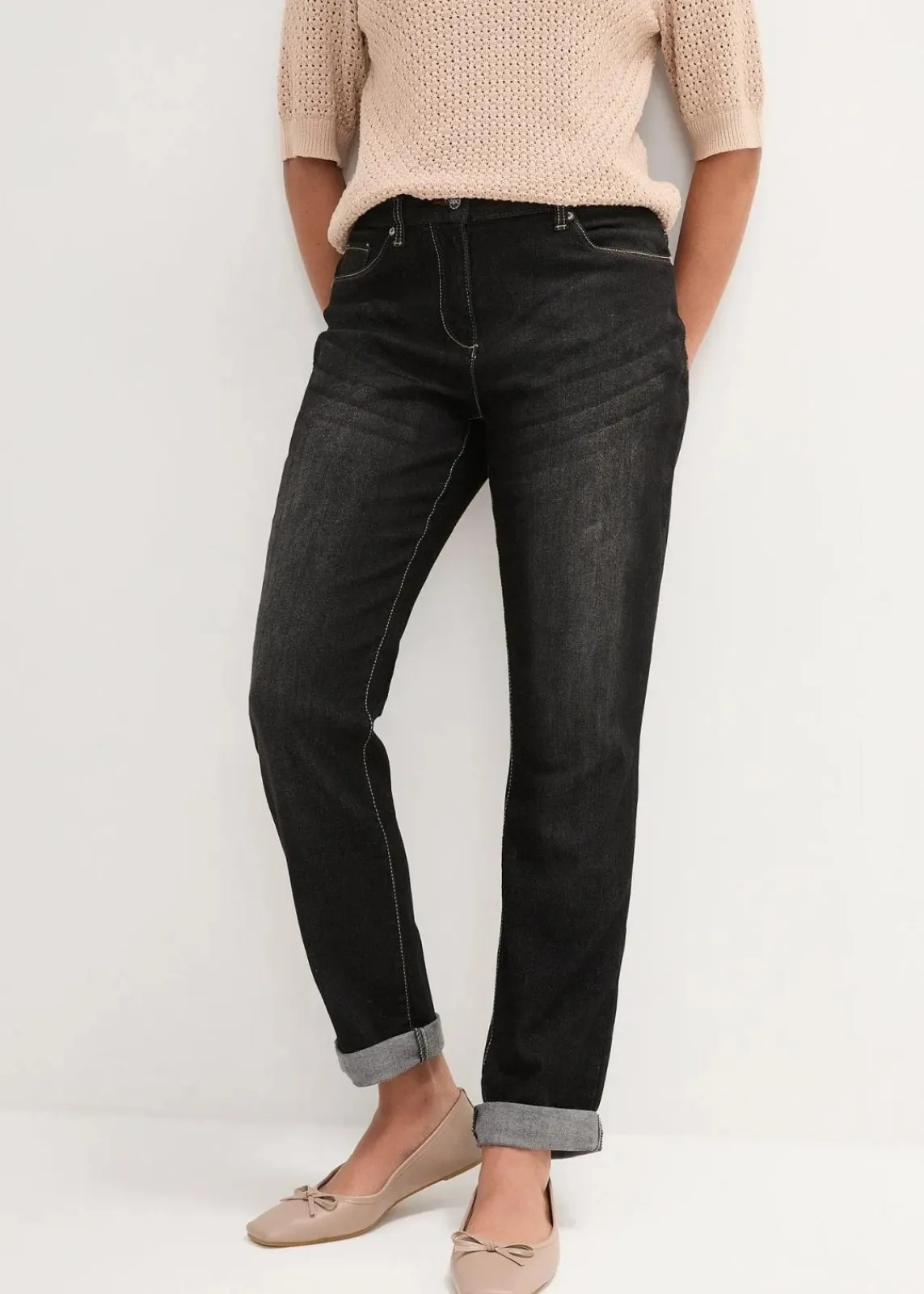 bonprix Bekleidung·Shirts & Tops|Jeans^Boyfriend Jeans Mid Waist, Stretch schwarz denim