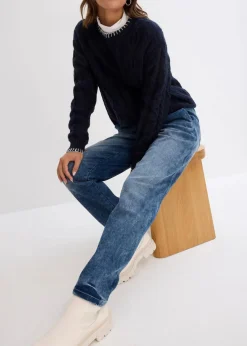 bonprix Bekleidung·Shirts & Tops|Jeans^Boyfriend Jeans Mid Waist, Thermo dunkelblau denim used