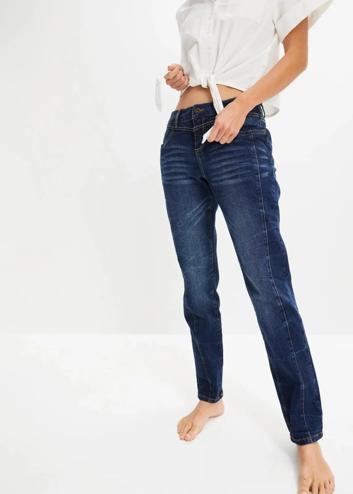 bonprix Bekleidung·Shirts & Tops|Kurzgrößen^Boyfriend-Jeans dunkelblau denim