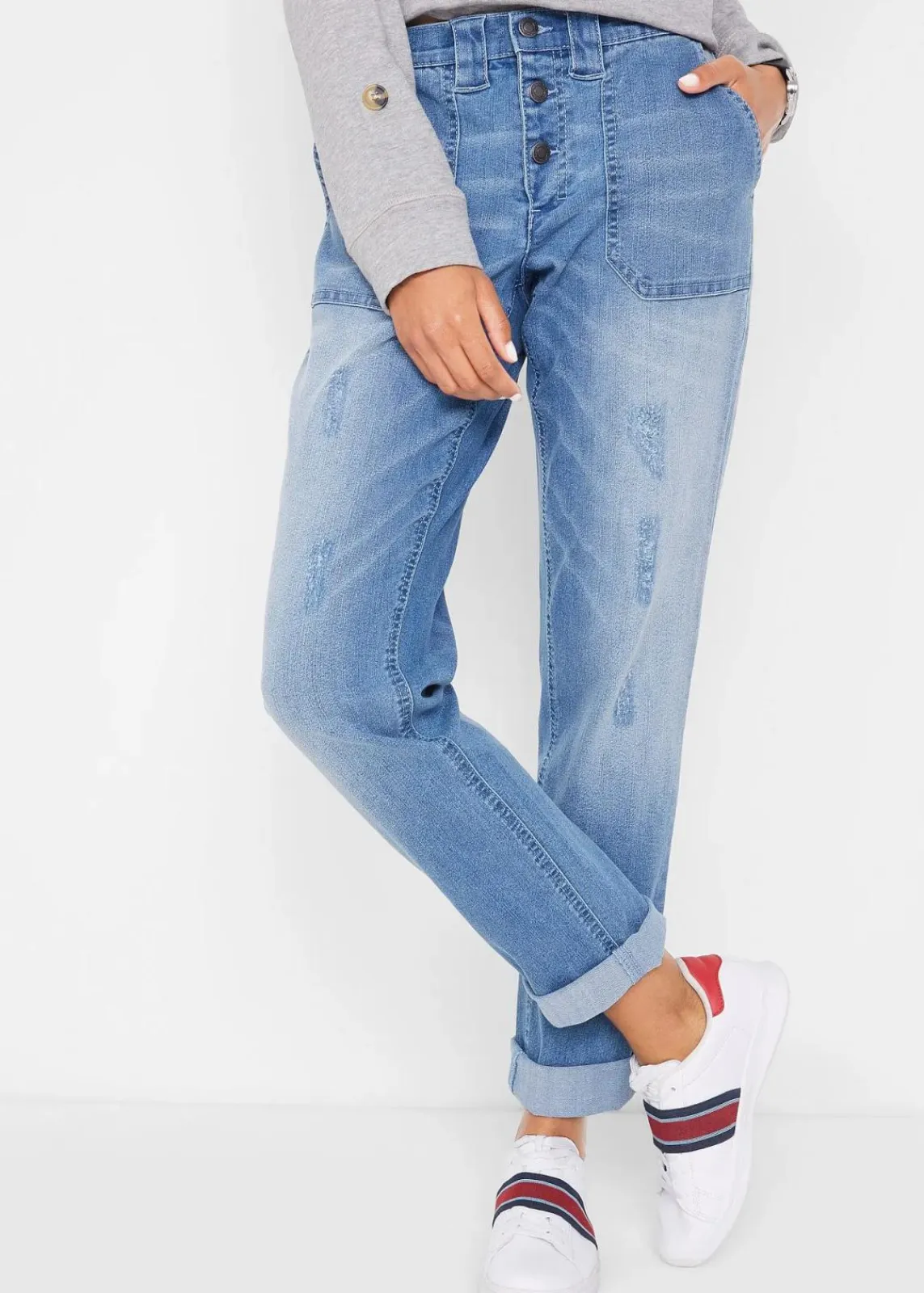 bonprix Bekleidung·Shirts & Tops|Jeans^Boyfriend-Jeans Mid Waist Komfort-Stretch hellblau denim used