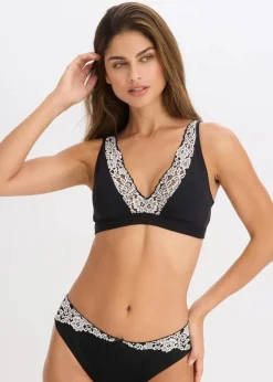 bonprix Wäsche·Baumwollunterwäsche|Nachhaltigere Materialien^Bralette ohne Bügel mit Bio-Baumwolle und Spitze schwarz/wollweiß