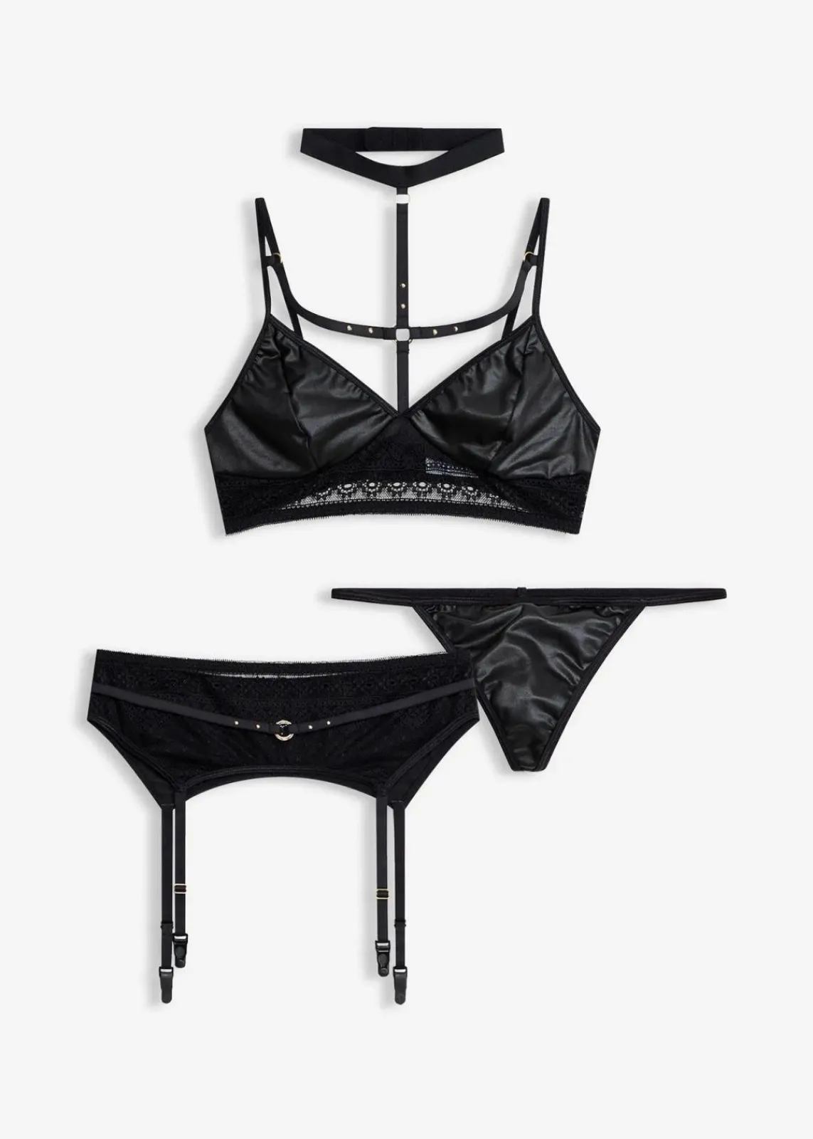 bonprix Wäsche·Erotikwäsche|Erotikwäsche^Bralette+String+Strapshalter mit Wetlook (3-tlg.Set) schwarz