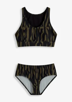 bonprix Nachhaltigere Materialien|Bademode·Bikinis^Bustier-Bikini (2-tlg.Set) dunkeloliv/schwarz graphisch