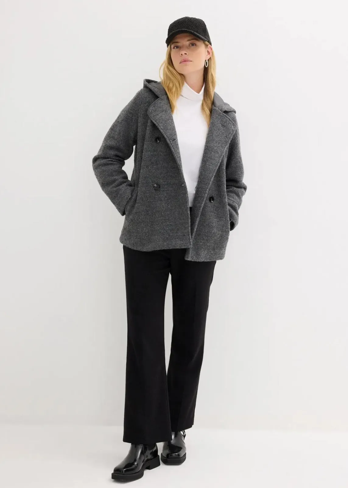 bonprix Jacken & Mäntel|Bekleidung·Hosen^Cabanjacke aus kuscheligem Bouclé schwarz/wollweiß meliert