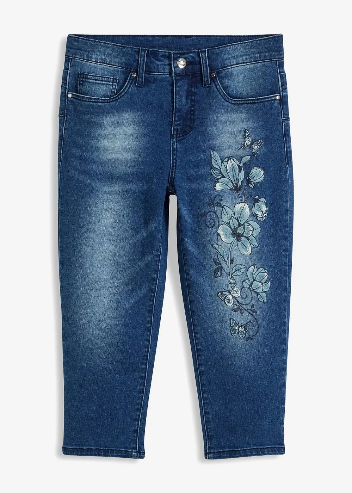 bonprix Jeans^Capri Jeans Mid Waist, Schmetterlingsdruck blau denim geblümt