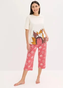 bonprix Nachhaltigere Materialien|Nachtwäsche^Capri Pyjama aus reiner Bio-Baumwolle wollweiß/rauchhimbeere bedruckt