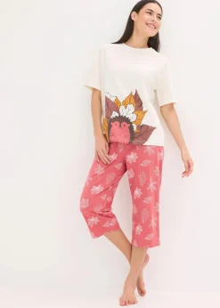 bonprix Nachhaltigere Materialien|Nachtwäsche^Capri Pyjama aus reiner Bio-Baumwolle wollweiß/rauchhimbeere bedruckt