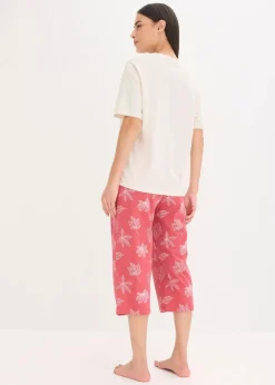 bonprix Nachhaltigere Materialien|Nachtwäsche^Capri Pyjama aus reiner Bio-Baumwolle wollweiß/rauchhimbeere bedruckt