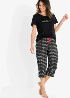 bonprix Wäsche·Nachtwäsche|Nachtwäsche^Capri Pyjama aus reiner Baumwolle schwarz bedruckt
