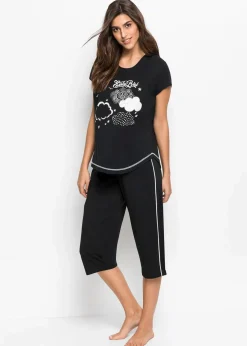bonprix Nachhaltigere Materialien|Nachtwäsche^Capri Pyjama aus reiner Bio-Baumwolle schwarz/weiß