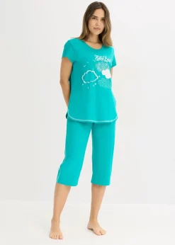 bonprix Wäsche·Nachtwäsche|Nachhaltigere Materialien^Capri Pyjama aus reiner Bio-Baumwolle smaragd/weiß