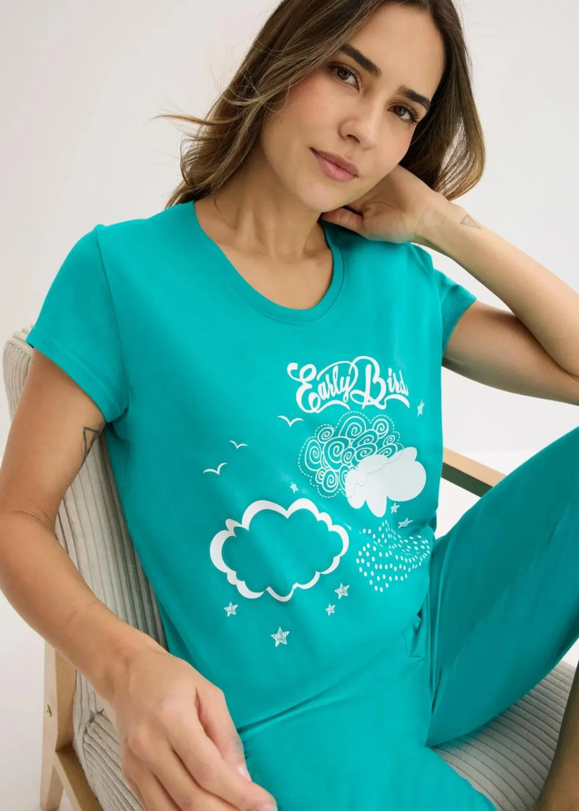 bonprix Wäsche·Nachtwäsche|Nachhaltigere Materialien^Capri Pyjama aus reiner Bio-Baumwolle smaragd/weiß