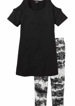 bonprix Wäsche·Nachtwäsche|Nachtwäsche^Capri Pyjama mit kurzen Ärmeln schwarz bedruckt