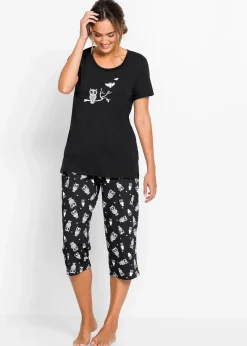 bonprix Nachtwäsche|Wäsche·Nachtwäsche^Capri Pyjama mit kurzen Ärmeln schwarz/weiß