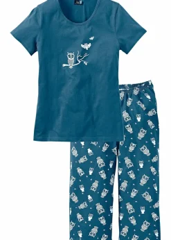 bonprix Nachtwäsche|Wäsche·Nachtwäsche^Capri Pyjama mit kurzen Ärmeln blaupetrol/weiß