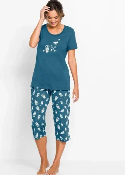 bonprix Nachtwäsche|Wäsche·Nachtwäsche^Capri Pyjama mit kurzen Ärmeln blaupetrol/weiß