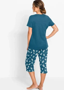 bonprix Nachtwäsche|Wäsche·Nachtwäsche^Capri Pyjama mit kurzen Ärmeln blaupetrol/weiß