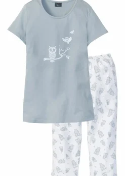 bonprix Nachtwäsche|Wäsche·Nachtwäsche^Capri Pyjama mit kurzen Ärmeln silbergrau/weiß
