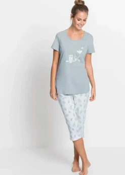 bonprix Nachtwäsche|Wäsche·Nachtwäsche^Capri Pyjama mit kurzen Ärmeln silbergrau/weiß