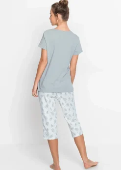 bonprix Nachtwäsche|Wäsche·Nachtwäsche^Capri Pyjama mit kurzen Ärmeln silbergrau/weiß