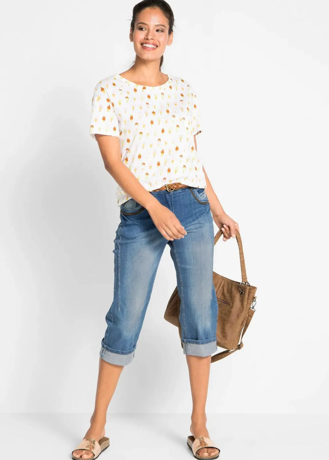 bonprix Bekleidung·Shirts & Tops|Jeans^Capri Slim Fit Jeans, Mid Waist blue stone