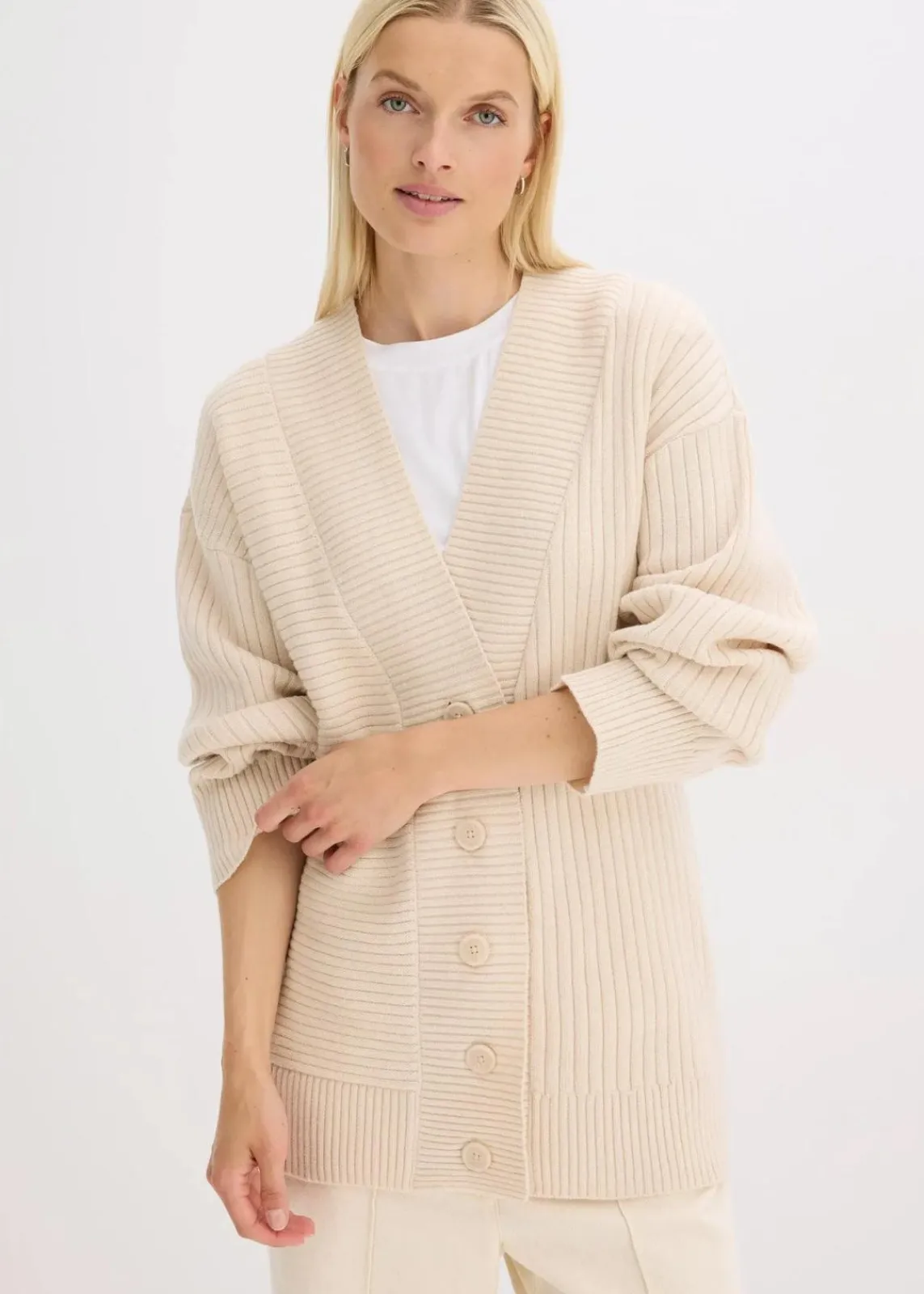 bonprix Pullover & Strickjacken|Strickmode^Cardigan mit Rippstrickmuster kieselbeige meliert