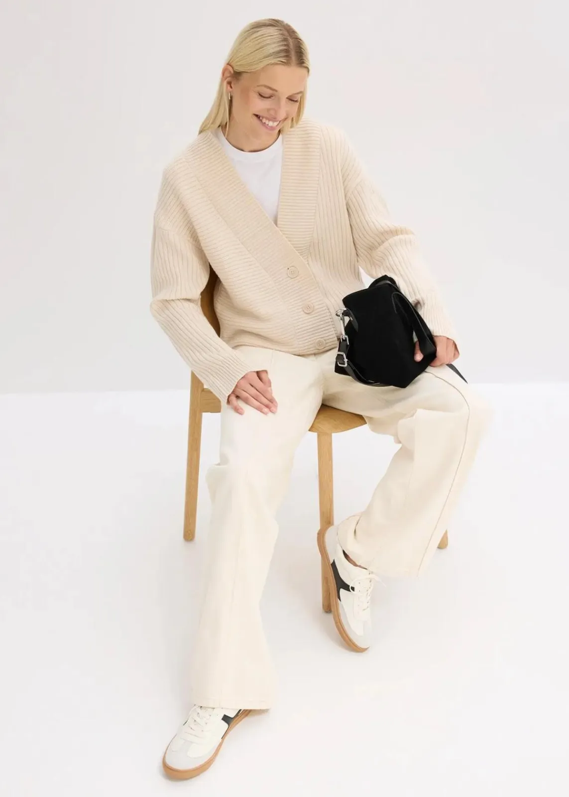 bonprix Pullover & Strickjacken|Strickmode^Cardigan mit Rippstrickmuster kieselbeige meliert