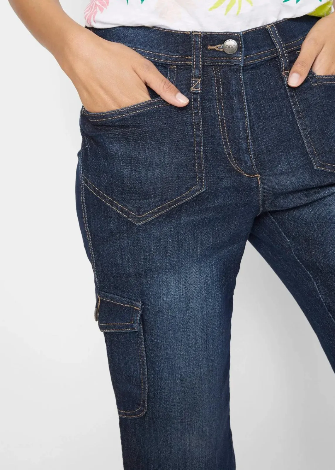 bonprix Bekleidung·Shirts & Tops|Jeans^Cargo Jeans, Mid Waist, Stretch dunkelblau denim