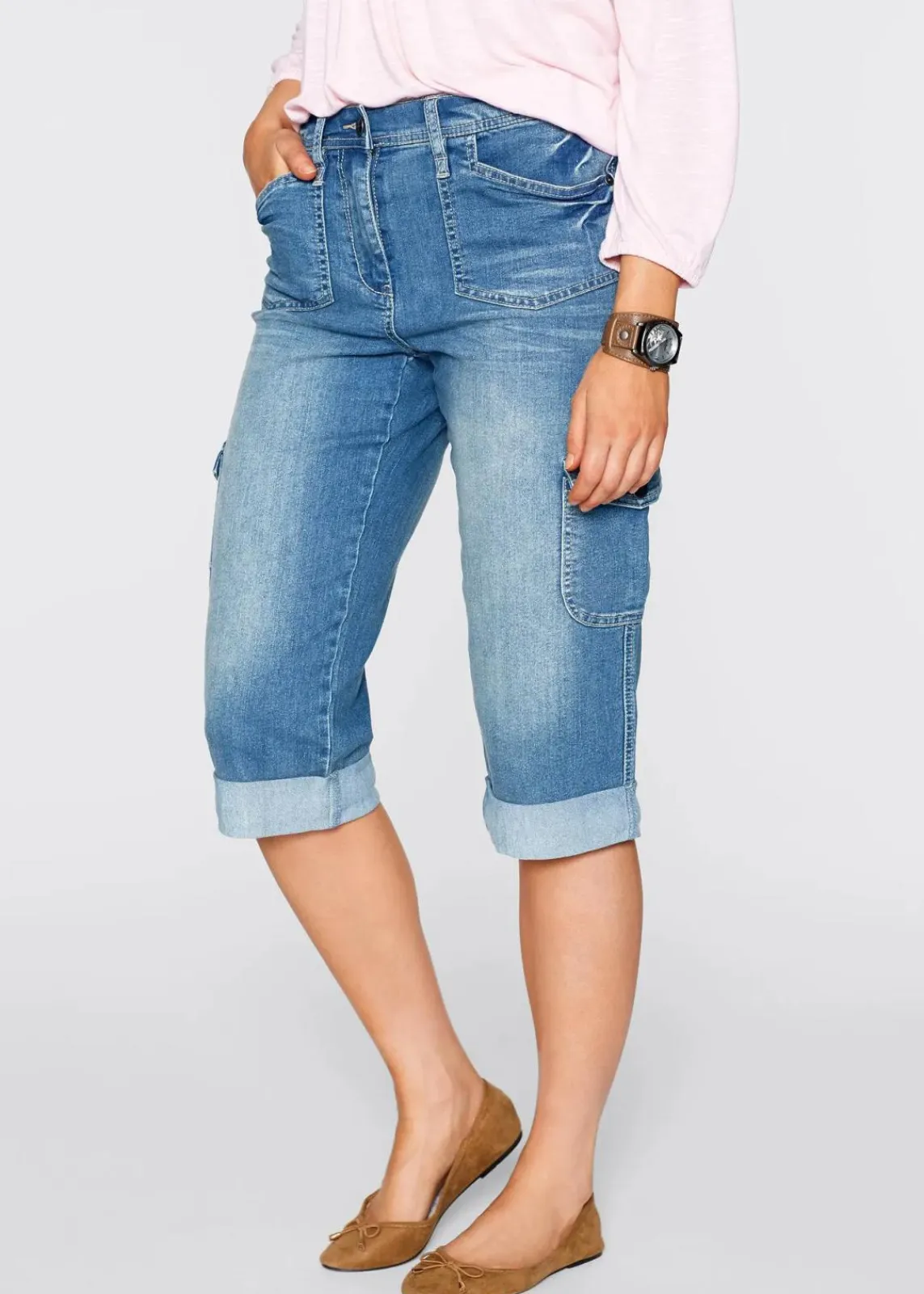 bonprix Jeans|Bekleidung·Shirts & Tops^Cargo Jeans, Mid Waist, Stretch eisblau denim