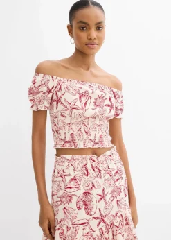 bonprix Blusen & Tuniken^Carmenbluse aus reiner Baumwolle cremeweiß/chillirot bedruckt