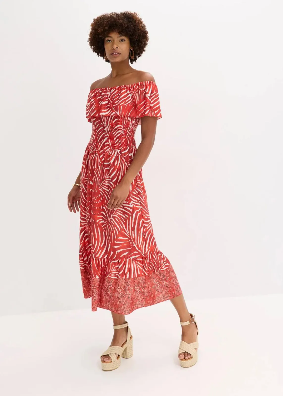 bonprix Bekleidung·Pullover & Strickjacken|Kleider^Carmen-Kleid rot/weiß bedruckt