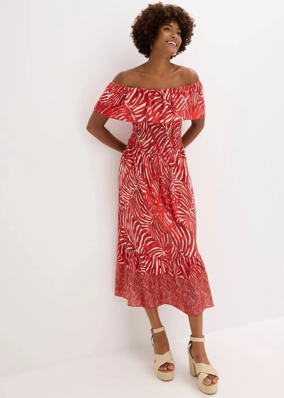 bonprix Bekleidung·Pullover & Strickjacken|Kleider^Carmen-Kleid rot/weiß bedruckt